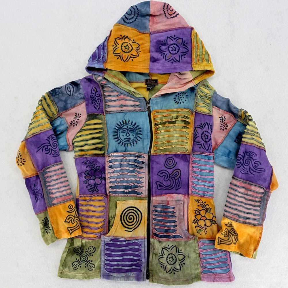 Rising International Patchwork Hoodie L Multicolor Boho Razor Cut ZipUp Nepal